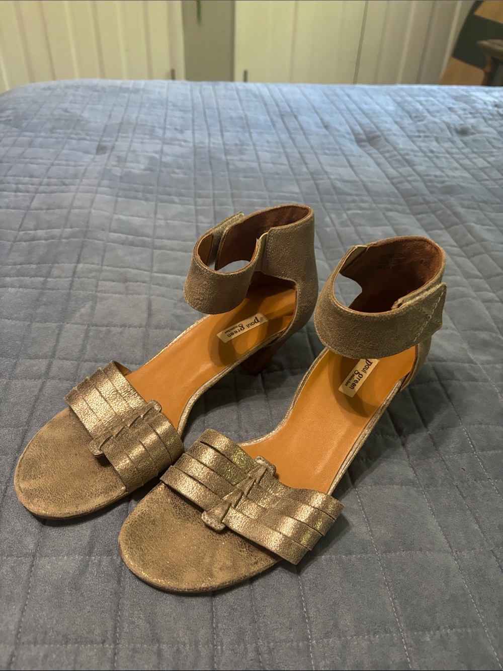 Paul Green Metallic Gold Ankle-Strap Block Heel Sandals - Women’s 9